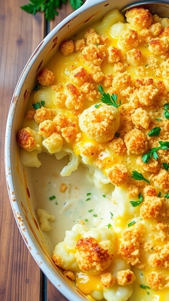 Cheesy cauliflower bake with bubbling cheese and golden breadcrumbs in a rustic dish, garnished with parsley.